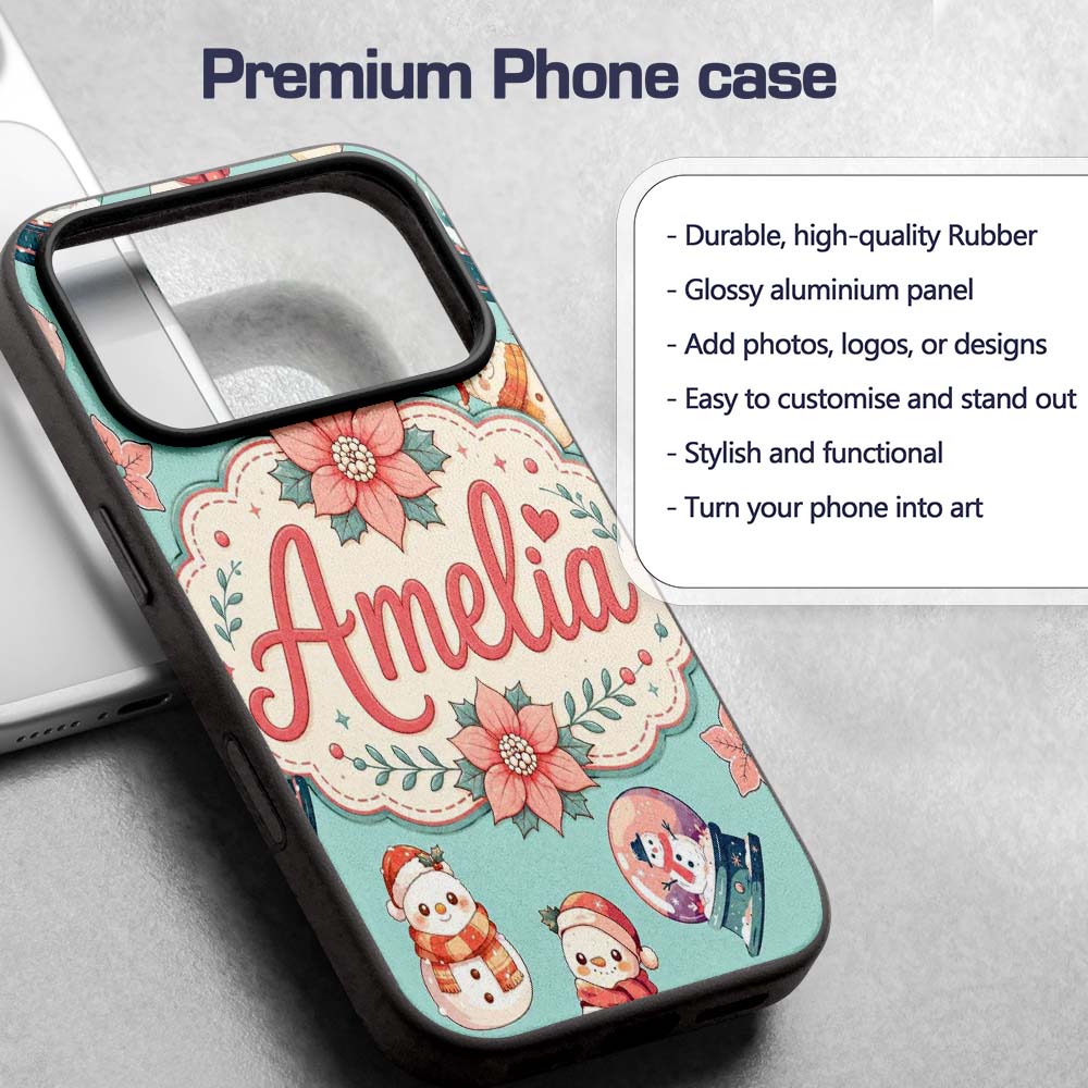 Cute Snowman Snow Globe Poinsettia Printed Design Custom Name Protective Phone Case Mobile Cover Durable Everyday Smartphone Shock Resistant