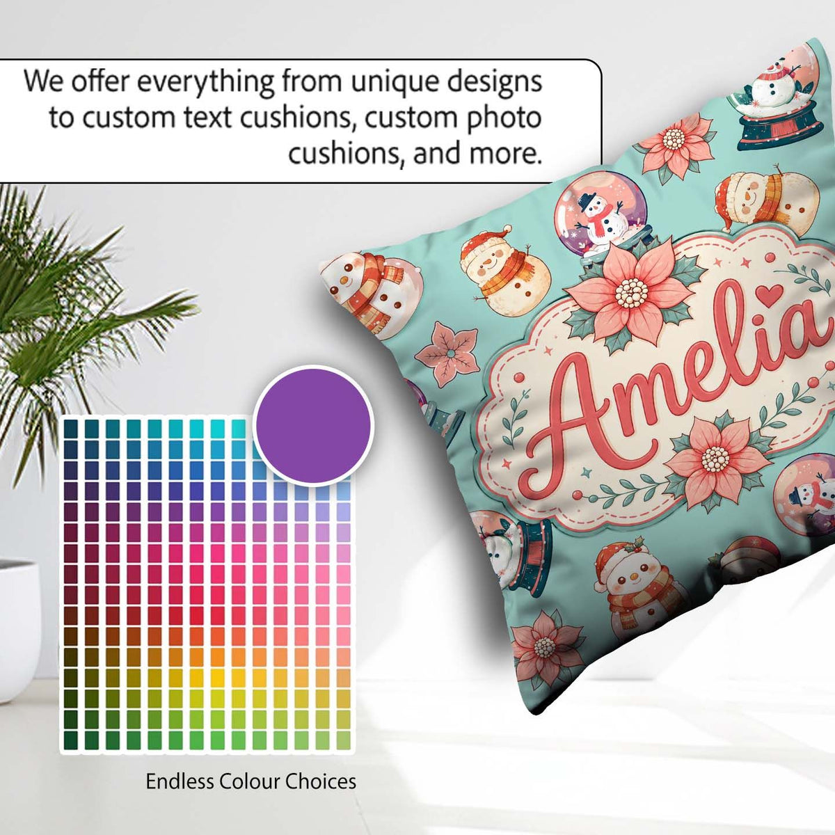 Custom Name Snowman Snow Globe Poinsettia Christmas Pattern Teal Square Filled Cushion Throw Pillow Sofa Bed Home Decor Zip Washable UK Made