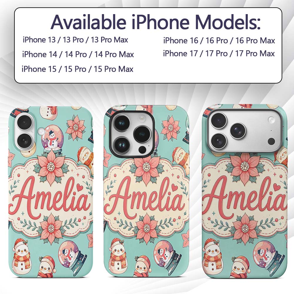 Cute Snowman Snow Globe Poinsettia Printed Design Custom Name Protective Phone Case Mobile Cover Durable Everyday Smartphone Shock Resistant