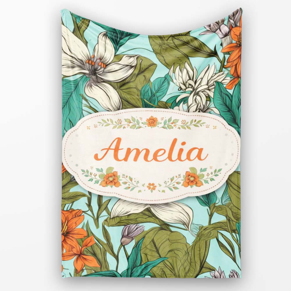 Tropical Floral Leaves Blue Background Seamless Pattern Lovely Personalised Custom Name Super Soft Fleece Blanket Bed Sofa Throw