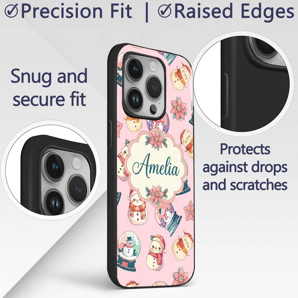 Cute Snowman Snow Globe Poinsettia Printed Design Custom Name Protective Phone Case Mobile Cover Durable Everyday Smartphone Shock Resistant
