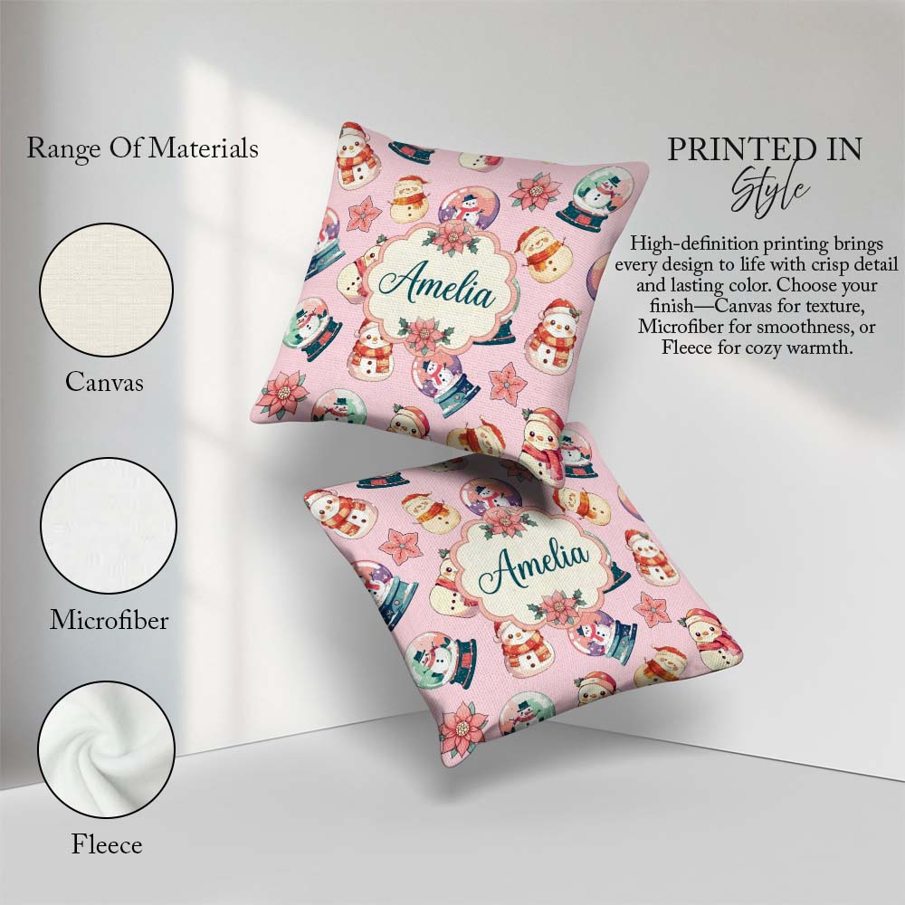 Custom Name Cute Snowman Snow Globe Poinsettia Flower Light Pink Square Filled Cushion Throw Pillow Sofa Bed Home Decor Zip Washable UK Made