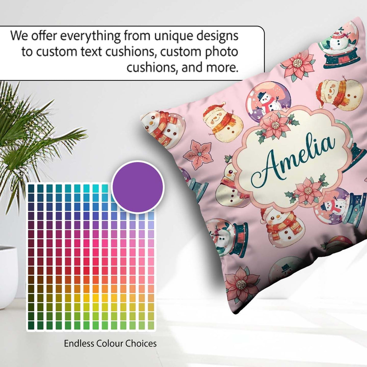 Custom Name Cute Snowman Snow Globe Poinsettia Flower Light Pink Square Filled Cushion Throw Pillow Sofa Bed Home Decor Zip Washable UK Made