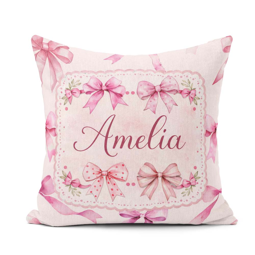 Custom Name Watercolor Pink Ribbon Bows Beige Background Pattern Square Filled Cushion Throw Pillow Sofa Bed Home Decor Zip Washable UK Made