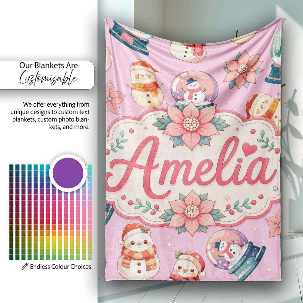 Cute Snowman Snow Globe Poinsettia Flower Christmas Dusty Pink Personalised Custom Name Super Soft Fleece Blanket Bed Sofa Throw