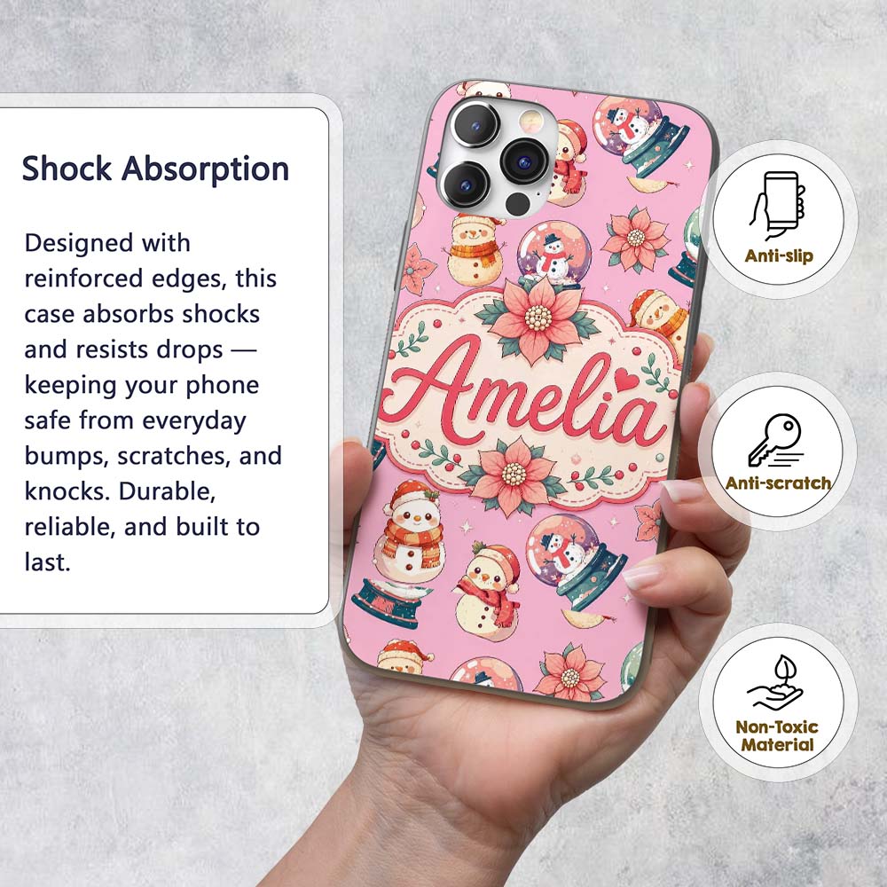 Cute Snowman Snow Globe Poinsettia Printed Design Custom Name Protective Phone Case Mobile Cover Durable Everyday Smartphone Shock Resistant