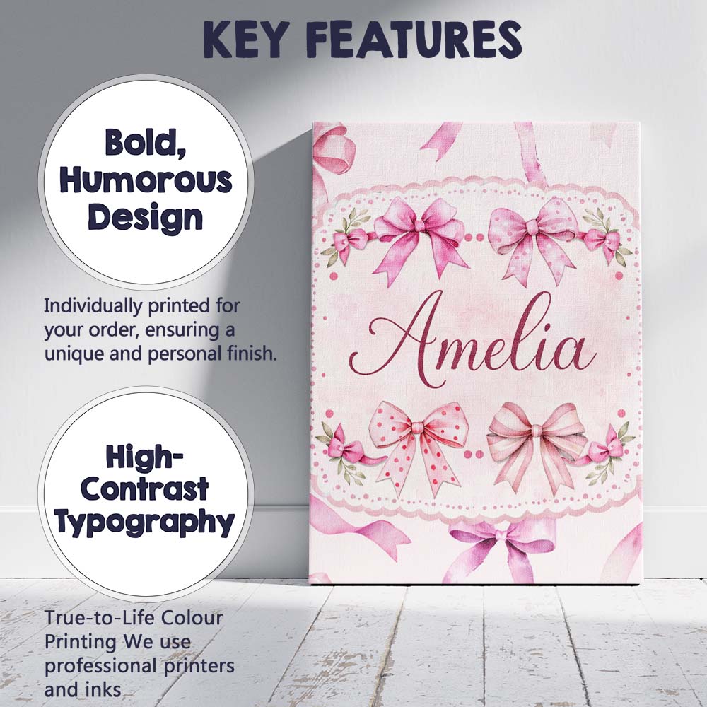Personalised Name Watercolor Pink Ribbon Bows Beige Background Custom Modern Room Accent Canvas Wall Art Print Decor Picture Ready to Hang