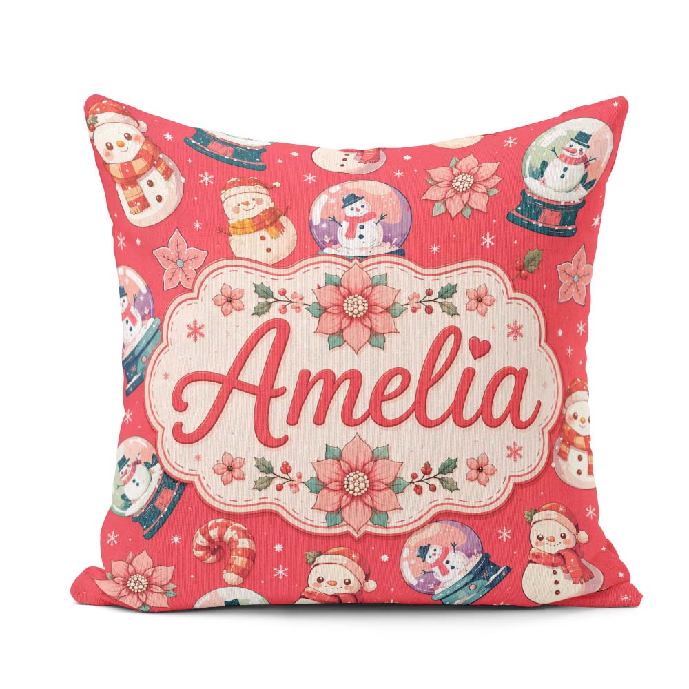 Custom Name Cute Snowman Snow Globe Flower Christmas Pattern Red Square Filled Cushion Throw Pillow Sofa Bed Home Decor Zip Washable UK Made
