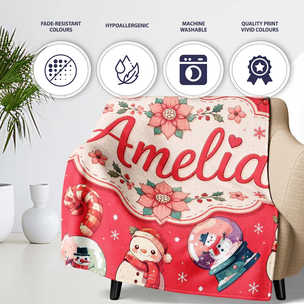 Cute Snowman Snow Globe Poinsettia Flower Christmas Pattern Red Personalised Custom Name Super Soft Fleece Blanket Bed Sofa Throw
