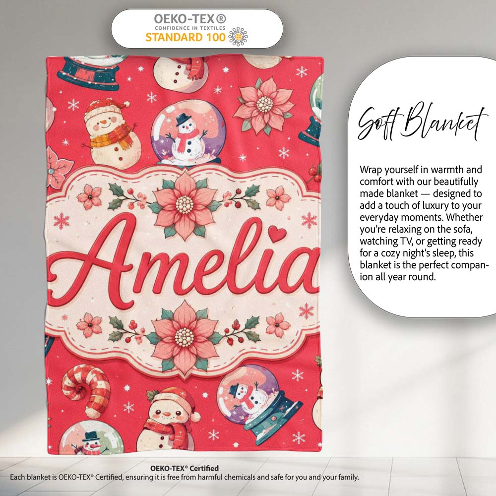 Cute Snowman Snow Globe Poinsettia Flower Christmas Pattern Red Personalised Custom Name Super Soft Fleece Blanket Bed Sofa Throw