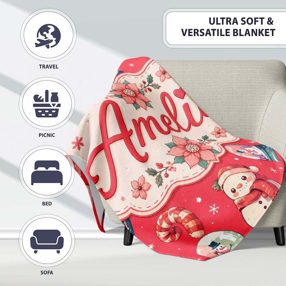 Cute Snowman Snow Globe Poinsettia Flower Christmas Pattern Red Personalised Custom Name Super Soft Fleece Blanket Bed Sofa Throw