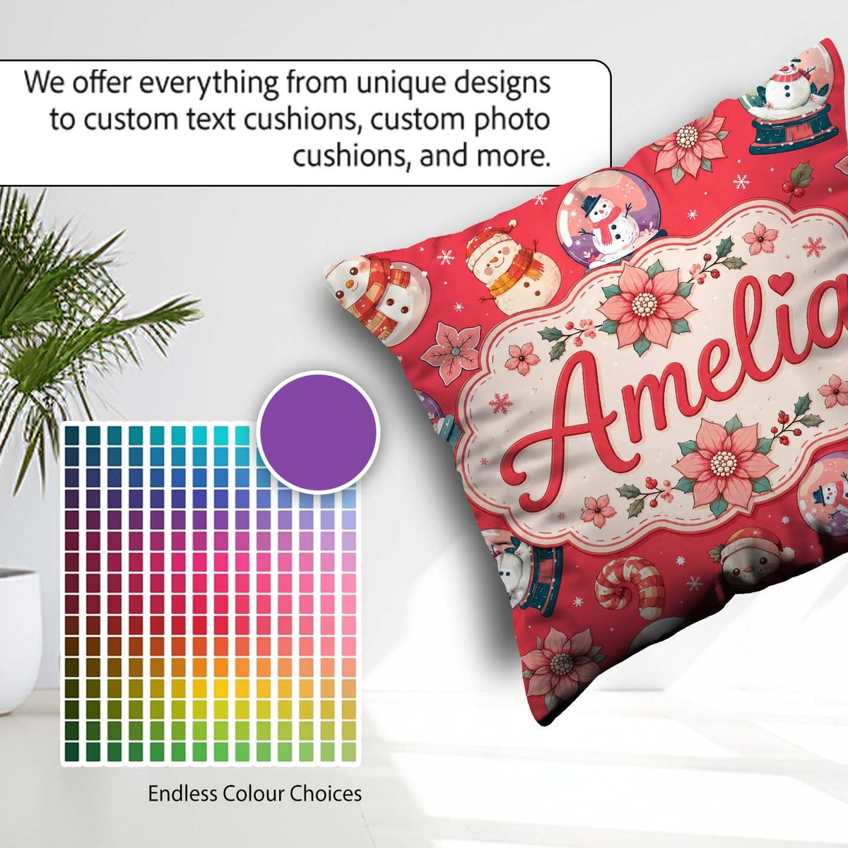Custom Name Cute Snowman Snow Globe Flower Christmas Pattern Red Square Filled Cushion Throw Pillow Sofa Bed Home Decor Zip Washable UK Made