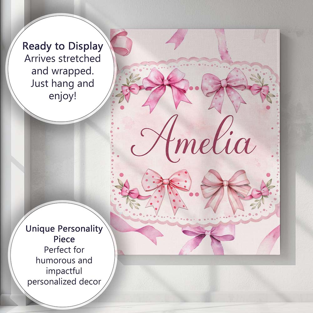 Personalised Name Watercolor Pink Ribbon Bows Beige Background Custom Modern Room Accent Canvas Wall Art Print Decor Picture Ready to Hang