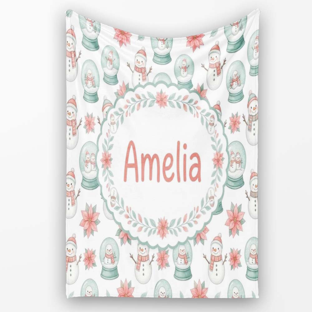 Cute Snowman Snow Globe Poinsettia Flower Christmas Pattern White Personalised Custom Name Super Soft Fleece Blanket Bed Sofa Throw