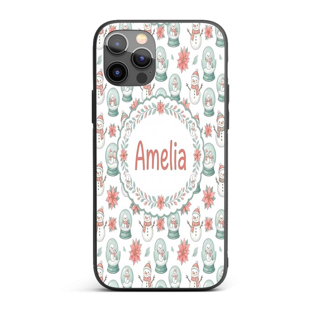 Cute Snowman Snow Globe Poinsettia Printed Design Custom Name Protective Phone Case Mobile Cover Durable Everyday Smartphone Shock Resistant