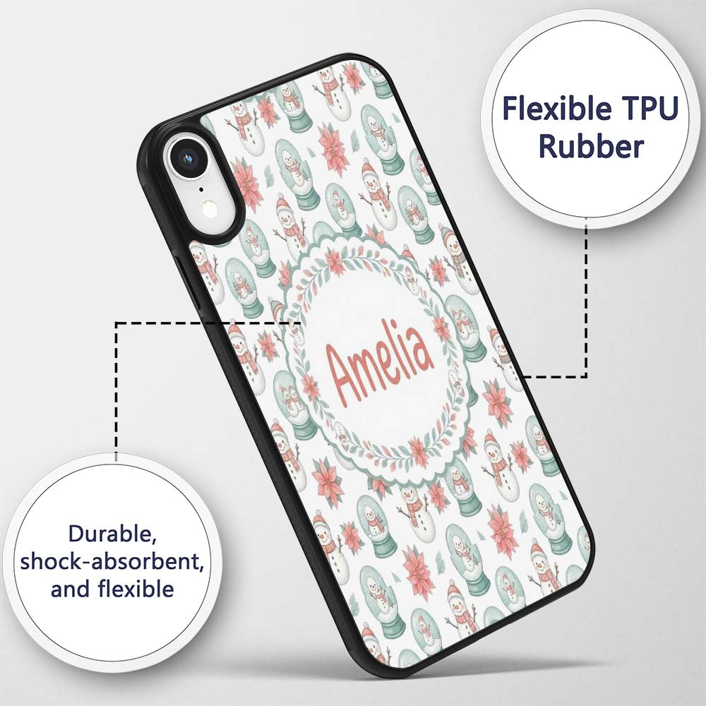Cute Snowman Snow Globe Poinsettia Printed Design Custom Name Protective Phone Case Mobile Cover Durable Everyday Smartphone Shock Resistant