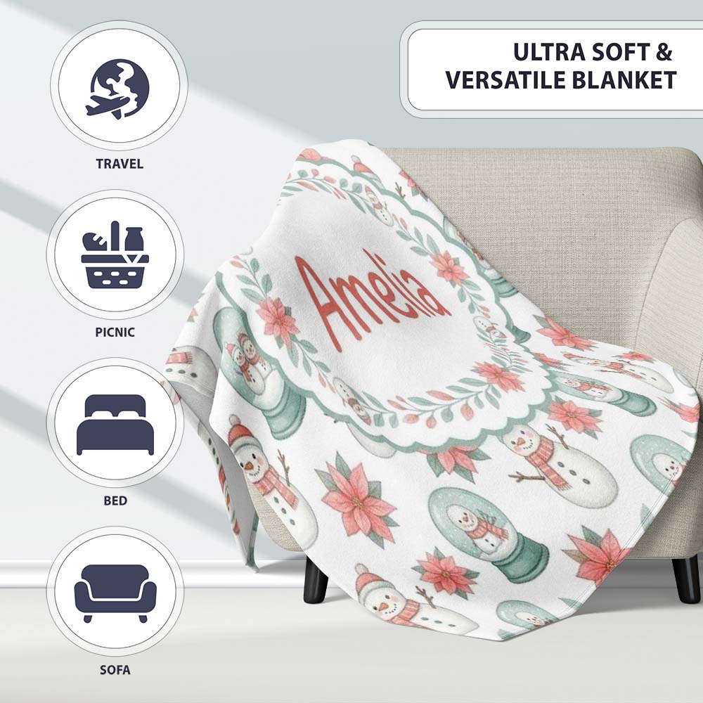 Cute Snowman Snow Globe Poinsettia Flower Christmas Pattern White Personalised Custom Name Super Soft Fleece Blanket Bed Sofa Throw