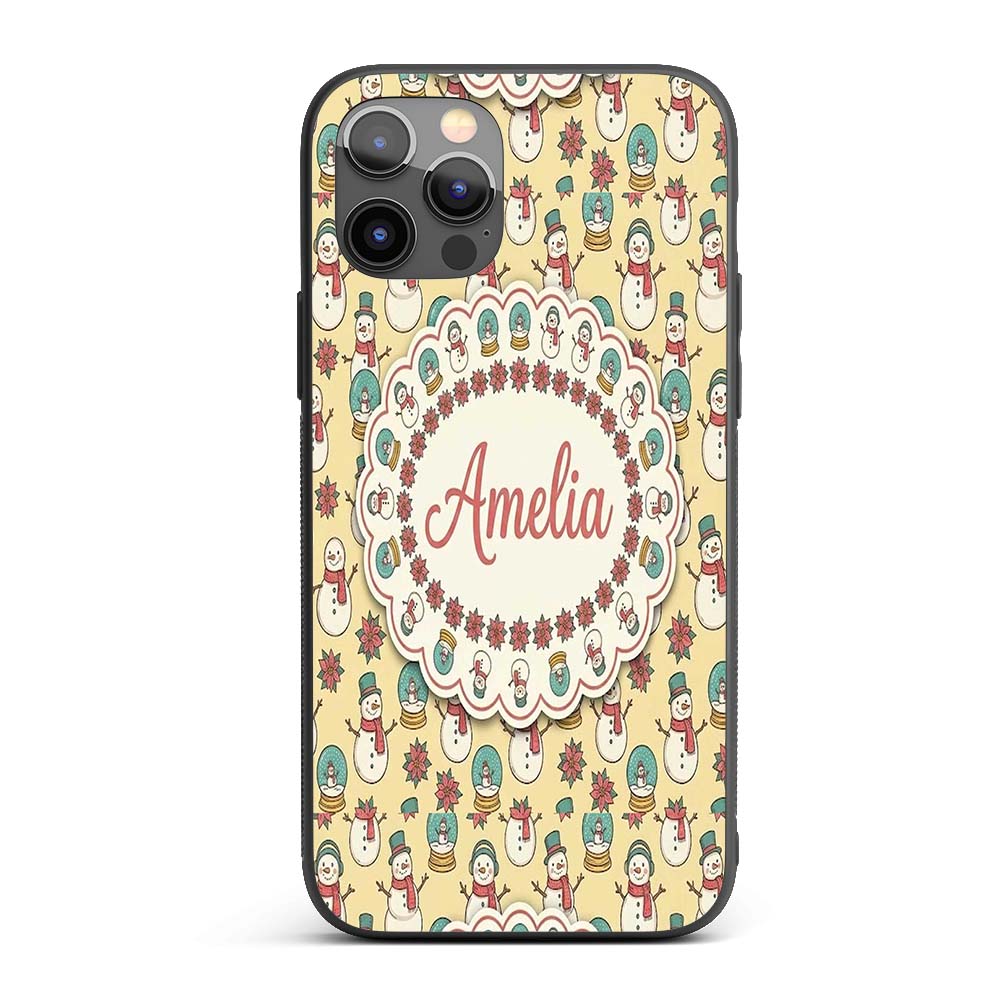 Cute Snowman Snow Globe Poinsettia Printed Design Custom Name Protective Phone Case Mobile Cover Durable Everyday Smartphone Shock Resistant