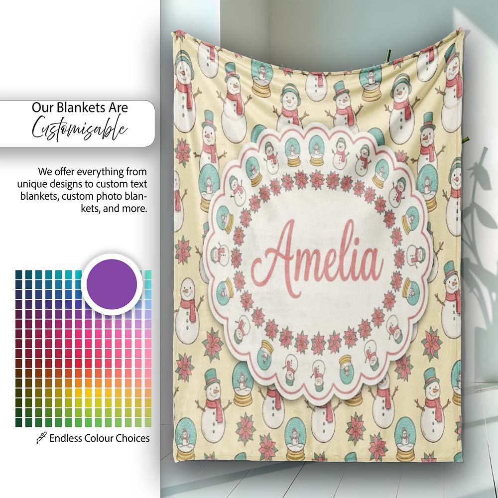 Cute Snowman Snow Globe Poinsettia Flower Christmas Pattern Yellow Personalised Custom Name Super Soft Fleece Blanket Bed Sofa Throw