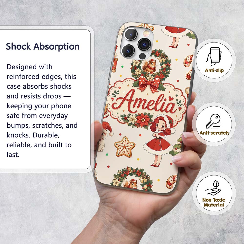 Cute Christmas Nutcracker Wreath Cake Candy Cane Custom Name Protective Phone Case Mobile Cover Durable Everyday Smartphone Shock Resistant