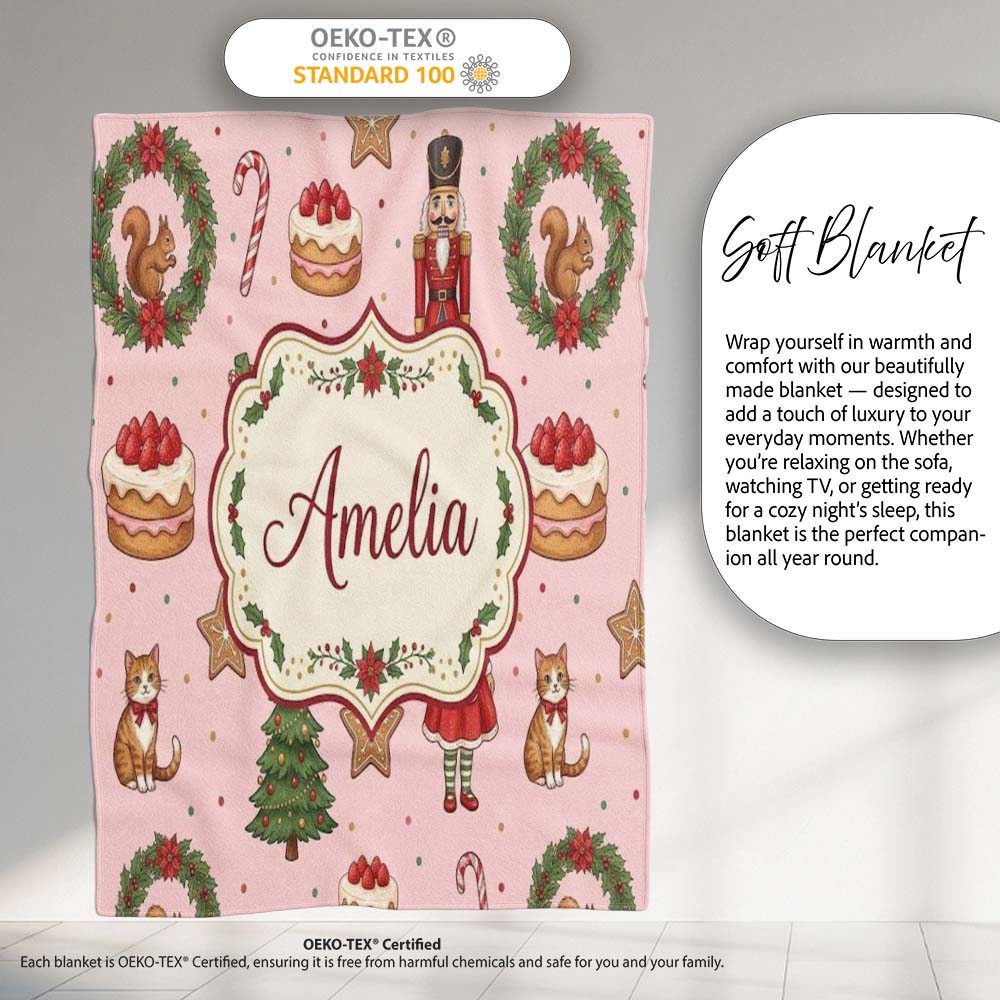 Christmas Nutcracker Squirrel Cake Candy Cane Girl Tree Light Pink Personalised Custom Name Super Soft Fleece Blanket Bed Sofa Throw