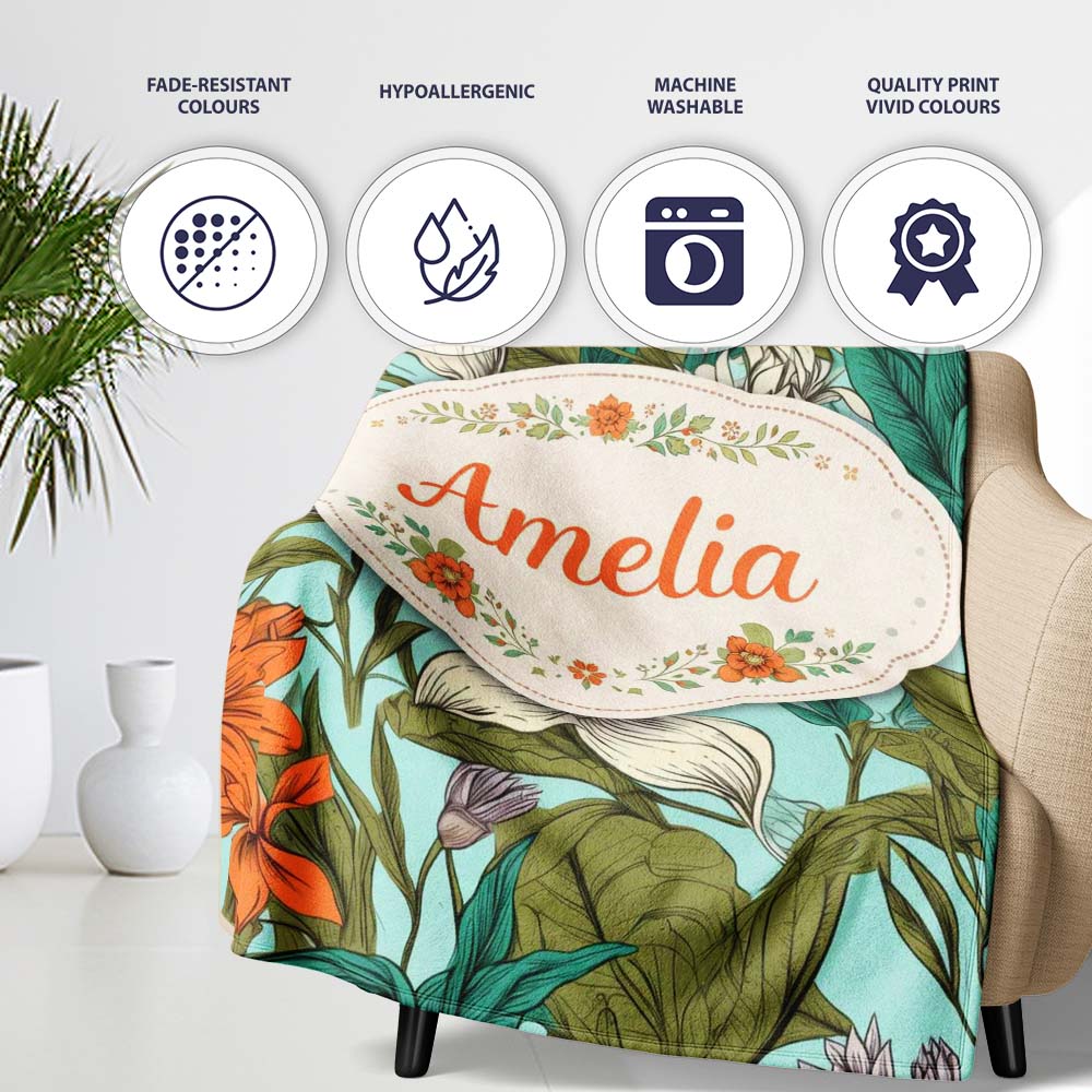 Tropical Floral Leaves Blue Background Seamless Pattern Lovely Personalised Custom Name Super Soft Fleece Blanket Bed Sofa Throw