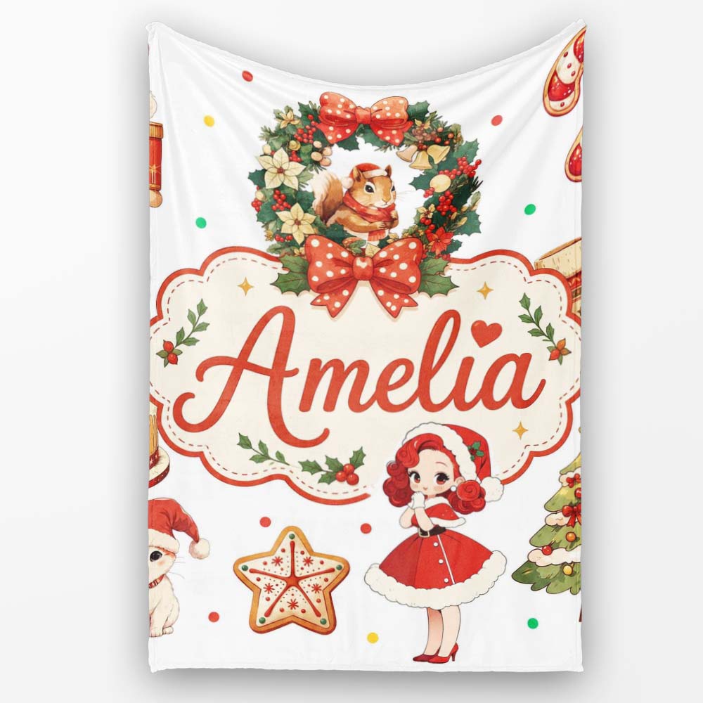 Cute Christmas Nutcracker Squirrel Cake Candy Cane Girl Tree White Personalised Custom Name Super Soft Fleece Blanket Bed Sofa Throw