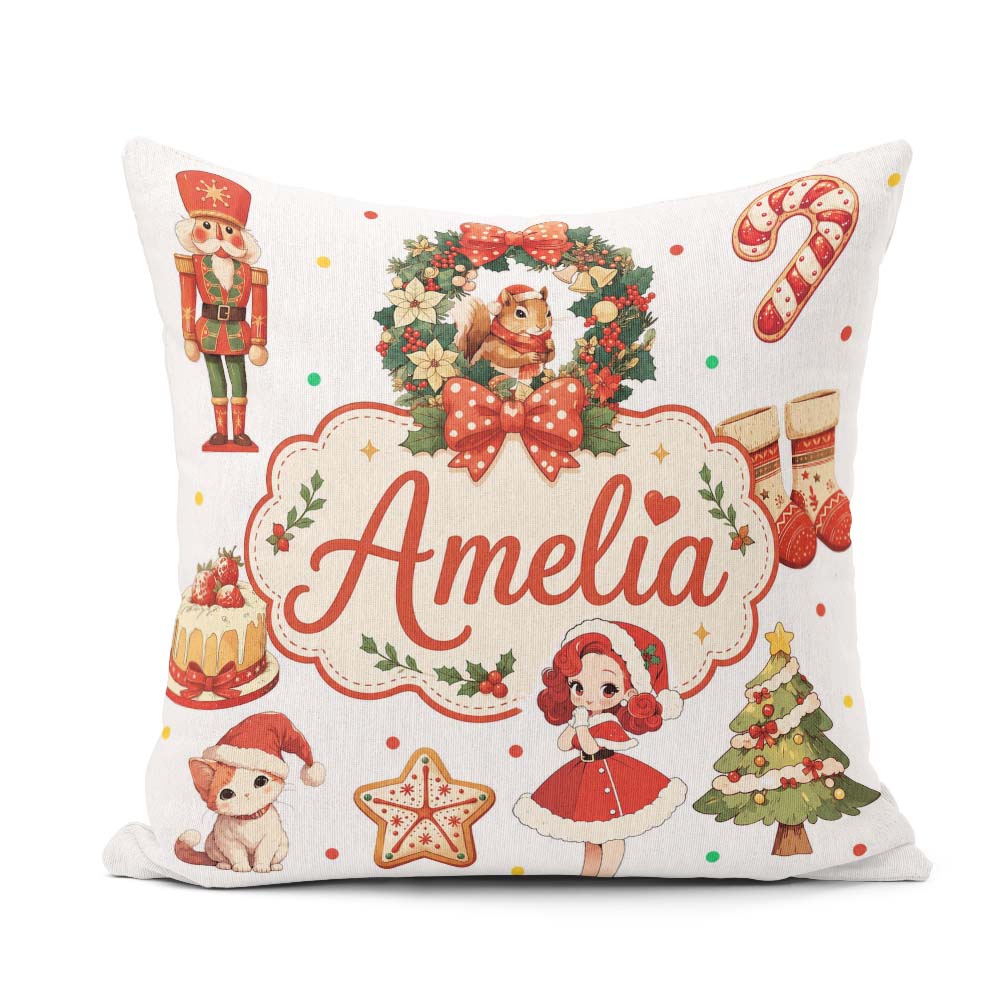 Custom Name Christmas Nutcracker Cake Candy Cane Girl Tree White Square Filled Cushion Throw Pillow Sofa Bed Home Decor Zip Washable UK Made