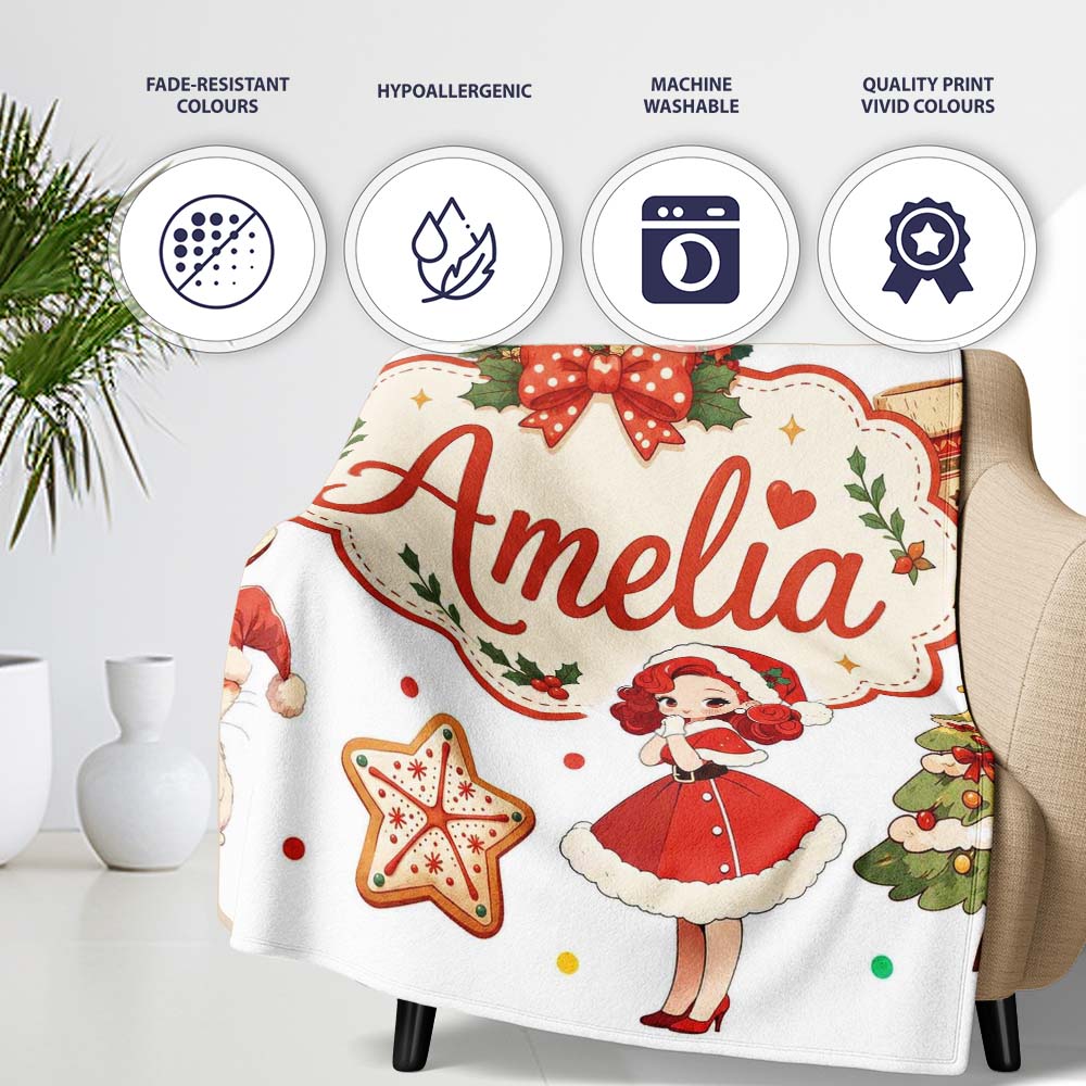 Cute Christmas Nutcracker Squirrel Cake Candy Cane Girl Tree White Personalised Custom Name Super Soft Fleece Blanket Bed Sofa Throw