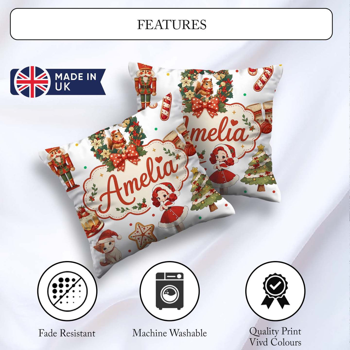 Custom Name Christmas Nutcracker Cake Candy Cane Girl Tree White Square Filled Cushion Throw Pillow Sofa Bed Home Decor Zip Washable UK Made