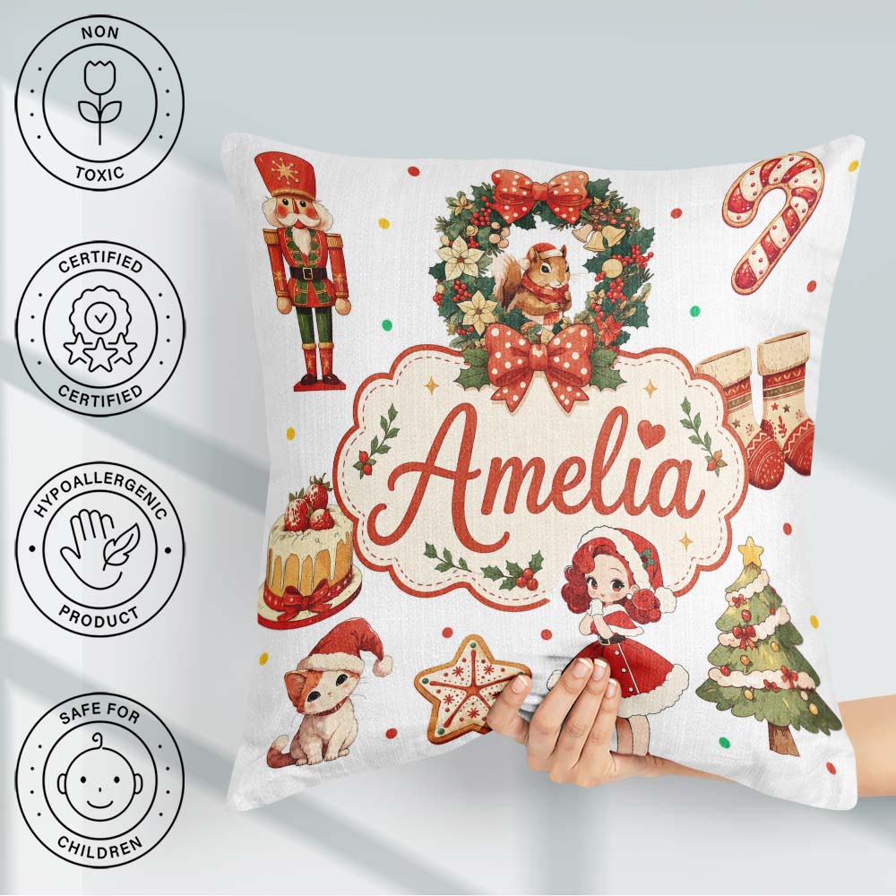 Custom Name Christmas Nutcracker Cake Candy Cane Girl Tree White Square Filled Cushion Throw Pillow Sofa Bed Home Decor Zip Washable UK Made