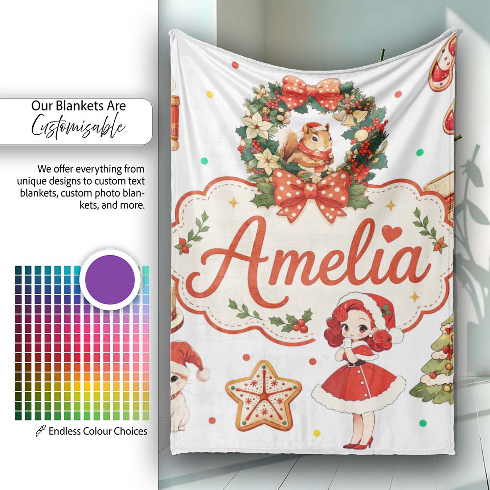 Cute Christmas Nutcracker Squirrel Cake Candy Cane Girl Tree White Personalised Custom Name Super Soft Fleece Blanket Bed Sofa Throw