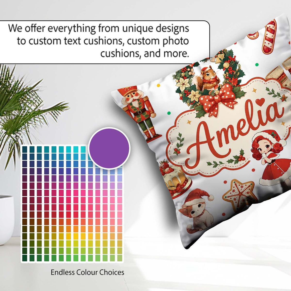 Custom Name Christmas Nutcracker Cake Candy Cane Girl Tree White Square Filled Cushion Throw Pillow Sofa Bed Home Decor Zip Washable UK Made