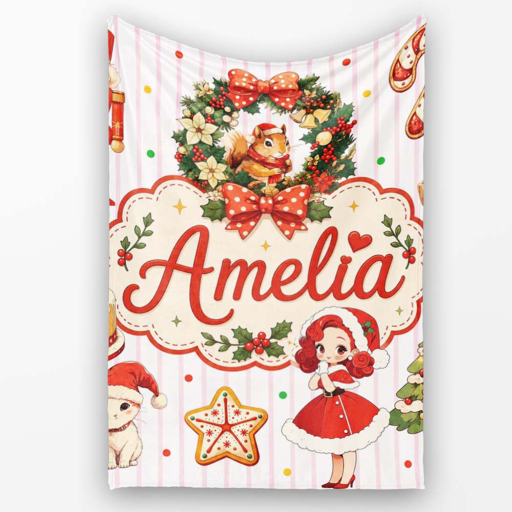 Christmas Nutcracker Squirrel Cake Candy Cane Girl Tree Pink Stripe Personalised Custom Name Super Soft Fleece Blanket Bed Sofa Throw