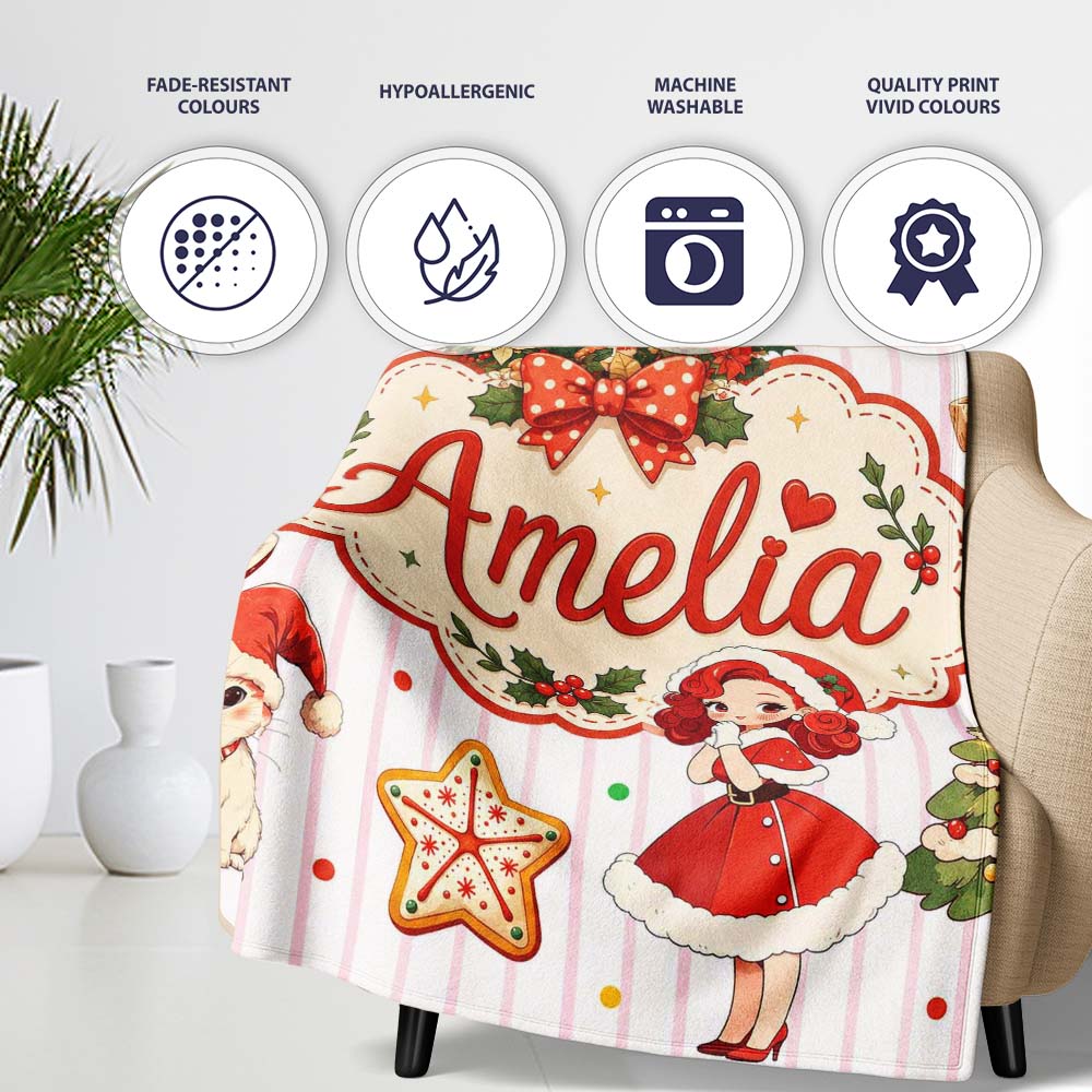 Christmas Nutcracker Squirrel Cake Candy Cane Girl Tree Pink Stripe Personalised Custom Name Super Soft Fleece Blanket Bed Sofa Throw