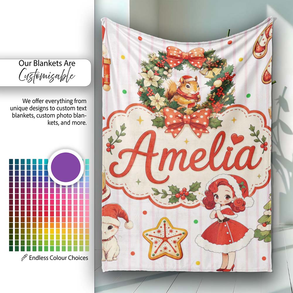 Christmas Nutcracker Squirrel Cake Candy Cane Girl Tree Pink Stripe Personalised Custom Name Super Soft Fleece Blanket Bed Sofa Throw