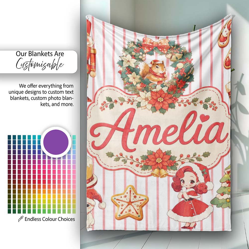 Christmas Nutcracker Squirrel Cake Candy Cane Girl Tree Red Stripe Personalised Custom Name Super Soft Fleece Blanket Bed Sofa Throw