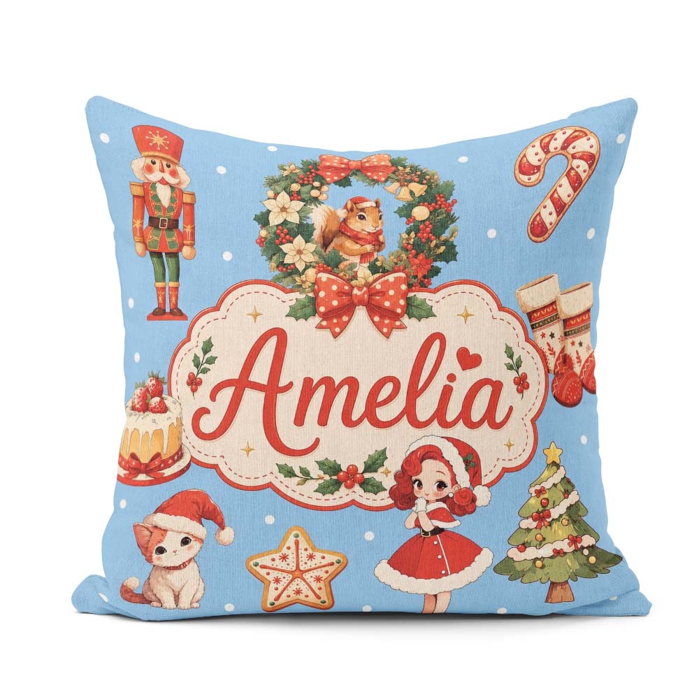 Custom Name Christmas Nutcracker Cake Candy Cane Girl Tree Blue Square Filled Cushion Throw Pillow Sofa Bed Home Decor Zip Washable UK Made