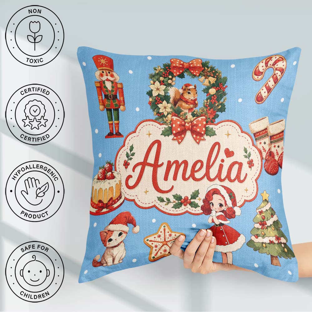 Custom Name Christmas Nutcracker Cake Candy Cane Girl Tree Blue Square Filled Cushion Throw Pillow Sofa Bed Home Decor Zip Washable UK Made