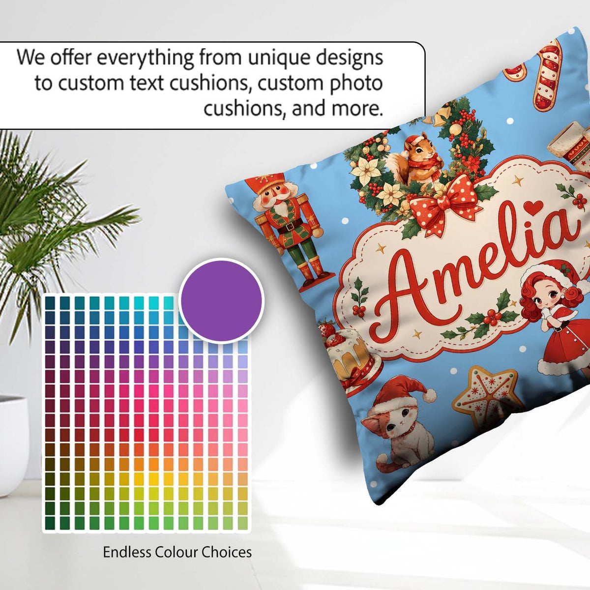 Custom Name Christmas Nutcracker Cake Candy Cane Girl Tree Blue Square Filled Cushion Throw Pillow Sofa Bed Home Decor Zip Washable UK Made
