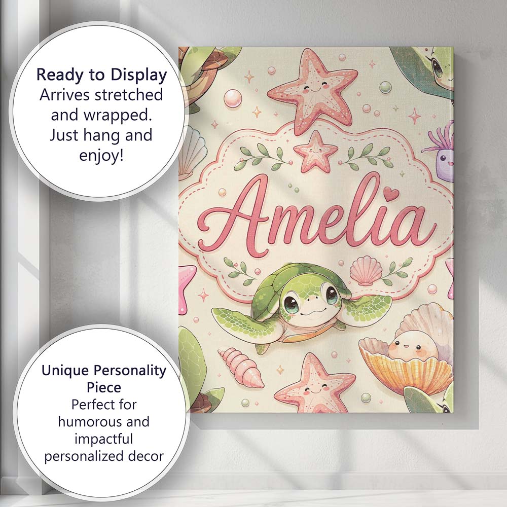 Personalised Name Cute Sea Turtle Starfish Custom Unique Gift Idea Elegant Feature Canvas Wall Art Print Decor Picture Ready to Hang