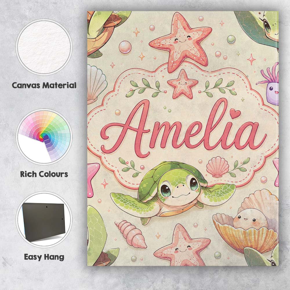 Personalised Name Cute Sea Turtle Starfish Custom Unique Gift Idea Elegant Feature Canvas Wall Art Print Decor Picture Ready to Hang