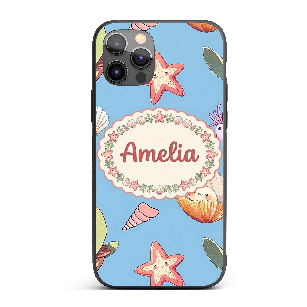 Cute Sea Turtle Starfish Shell Printed Design Custom Name Protective Phone Case Mobile Cover Durable Everyday Smartphone Shock Resistant