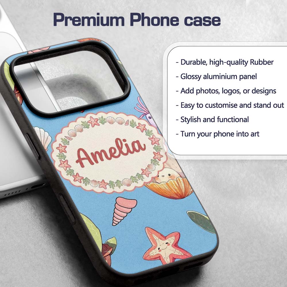 Cute Sea Turtle Starfish Shell Printed Design Custom Name Protective Phone Case Mobile Cover Durable Everyday Smartphone Shock Resistant