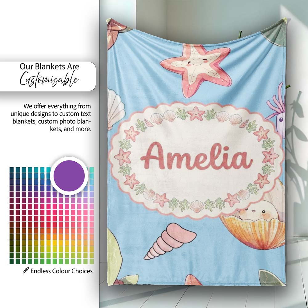 Cute Sea Turtle Starfish Shell Kawaii Ocean Seamless Pattern Blue Personalised Custom Name Super Soft Fleece Blanket Bed Sofa Throw