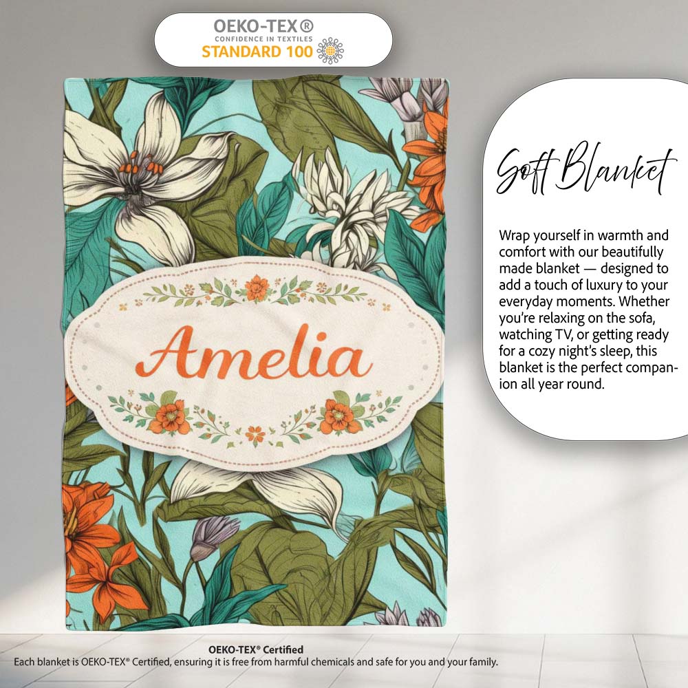 Tropical Floral Leaves Blue Background Seamless Pattern Lovely Personalised Custom Name Super Soft Fleece Blanket Bed Sofa Throw