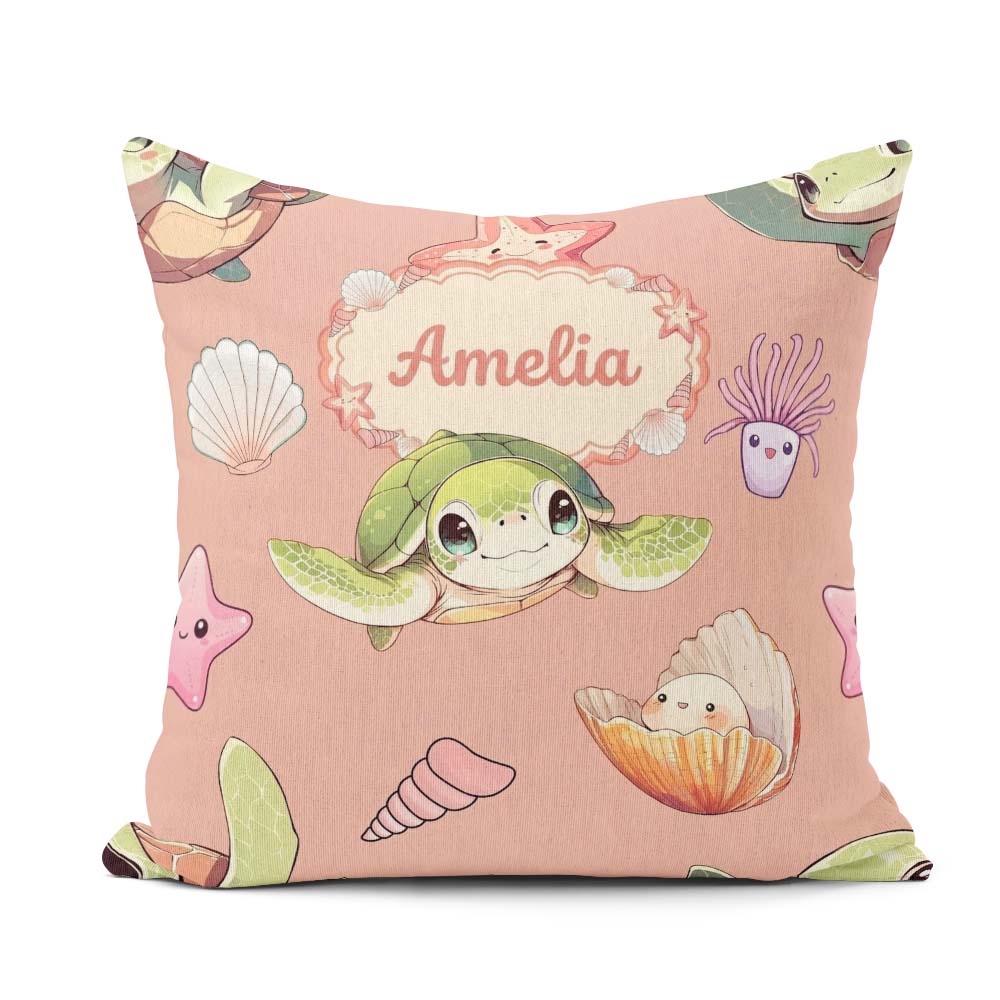 Custom Name Sea Turtle Starfish Shell Kawaii Ocean Pattern Peach Square Filled Cushion Throw Pillow Sofa Bed Home Decor Zip Washable UK Made