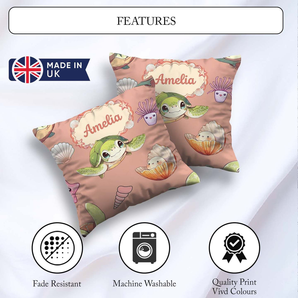 Custom Name Sea Turtle Starfish Shell Kawaii Ocean Pattern Peach Square Filled Cushion Throw Pillow Sofa Bed Home Decor Zip Washable UK Made