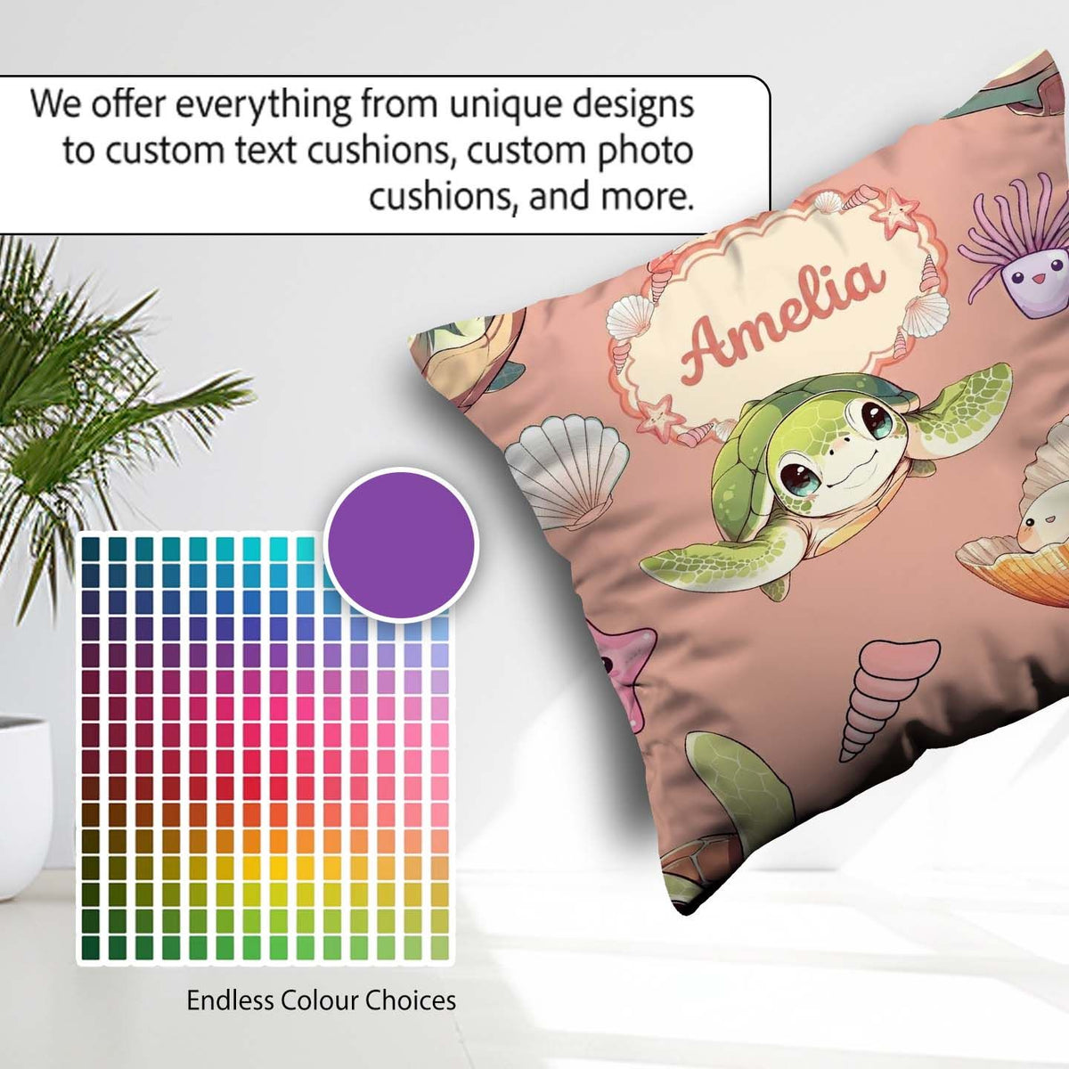 Custom Name Sea Turtle Starfish Shell Kawaii Ocean Pattern Peach Square Filled Cushion Throw Pillow Sofa Bed Home Decor Zip Washable UK Made