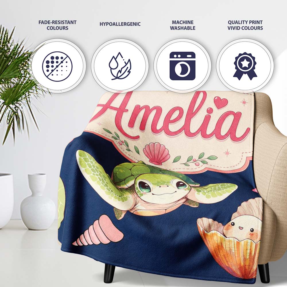Cute Sea Turtle Starfish Shell Kawaii Ocean Seamless Pattern Navy Personalised Custom Name Super Soft Fleece Blanket Bed Sofa Throw
